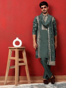 KRAFT INDIA LUXE - Embroidered Yoke Design Sequence Green Kurta with Pant and Dupatta