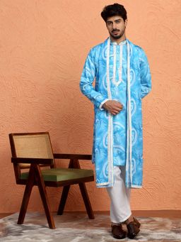 KRAFT INDIA LUXE - Cotton Silk Tie-Dye Printed Sky Blue Kurta with Pant and Dupatta