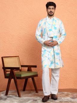 KRAFT INDIA LUXE - Cotton Silk Tie-Dye Printed White Kurta with Pant and Dupatta
