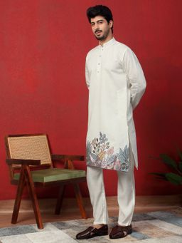 KRAFT INDIA LUXE - Cotton Silk Siroski Work Daman Embroidered Cream Kurta with Pant