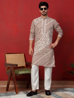 KRAFT INDIA LUXE - Cotton Silk Geometric Sequence Embroidered Beige Kurta with Pant