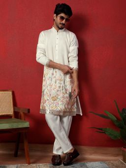 KRAFT INDIA LUXE - Cream Thread and Zari Embroidered Georgette Kurta with Pant