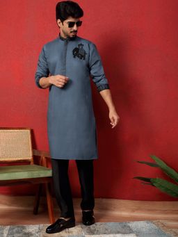 KRAFT INDIA LUXE - Cotton Silk Beads Work Animal Motifs Grey Kurta with Pant