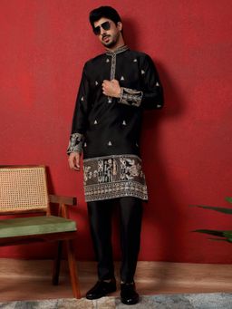 KRAFT INDIA LUXE - Thread and Zari Embroidered Cotton Silk Black Kurta with Pant