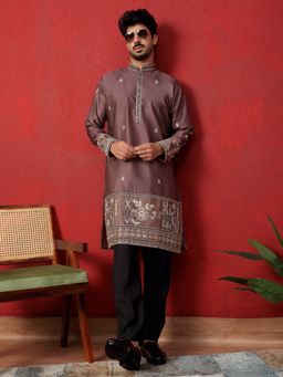 KRAFT INDIA LUXE - Thread and Zari Embroidered Cotton Silk Mauve Kurta with Pant
