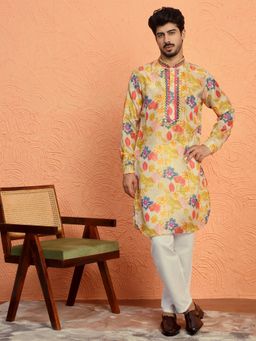 KRAFT INDIA LUXE - Silk Yoke Design Floral Mirror Work Beige Kurta with Pant