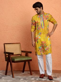 KRAFT INDIA LUXE - Silk Yoke Design Floral Mirror Work Mustard Kurta with Pant