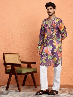 KRAFT INDIA LUXE - Silk Yoke Design Floral Mirror Work Purple Kurta with Pant