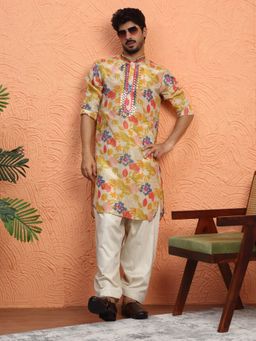 KRAFT INDIA LUXE - Silk Yoke Design Floral Mirror Work Beige Kurta with Salwar