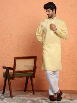 KRAFT INDIA LUXE - Cotton Silk Sequined Embroidered Yellow Kurta with Pant