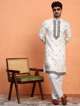 KRAFT INDIA LUXE - Cotton Yoke Design Embroidered White Kurta with Pant