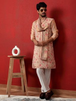 KRAFT INDIA LUXE - Silk Floral Printed Peach Kurta with Pant with Dupatta
