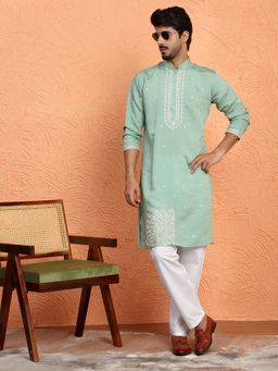 KRAFT INDIA LUXE - Cotton Silk Yoke Design Embroidered Green Kurta with Pant