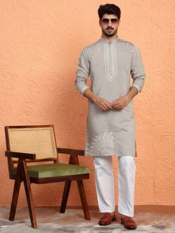 KRAFT INDIA LUXE - Cotton Silk Yoke Design Embroidered Grey Kurta with Pant