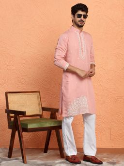 KRAFT INDIA LUXE - Cotton Silk Yoke Design Embroidered Pink Kurta with Pant