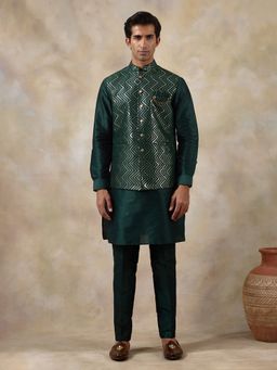 SATWAA - Bottle Green Sequinned Men Kurta with Pant and Nehru Jacket