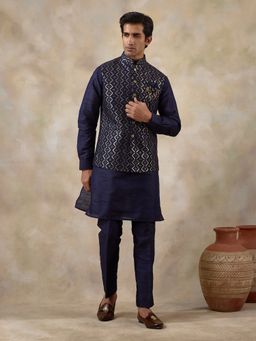 SATWAA - Deep Blue Sequinned Men Kurta with Pant and Nehru Jacket