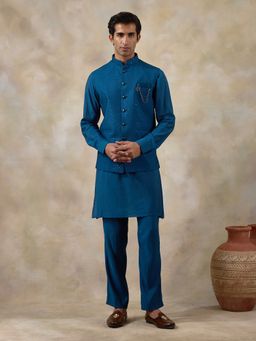 SATWAA - Azure Blue Sequinned Men Kurta with Pant and Nehru Jacket