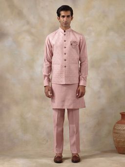 SATWAA - Peachy Peach Embroidered Men Kurta with Pant and Nehru Jacket