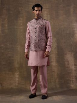SATWAA - Peach Black Embroidered Men Kurta with Pant and Nehru Jacket