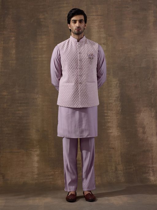 SATWAA Elegant Lilac Motifs Embroidered Men Kurta with Pant and Nehru Jacket