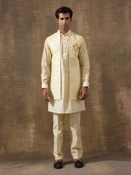 SATWAA - Lemon Ethnic Motifs Embroidered Men Kurta with Pant and Nehru Jacket
