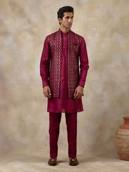 SATWAA - Maroon Sequinned Men Kurta with Pant and Nehru Jacket
