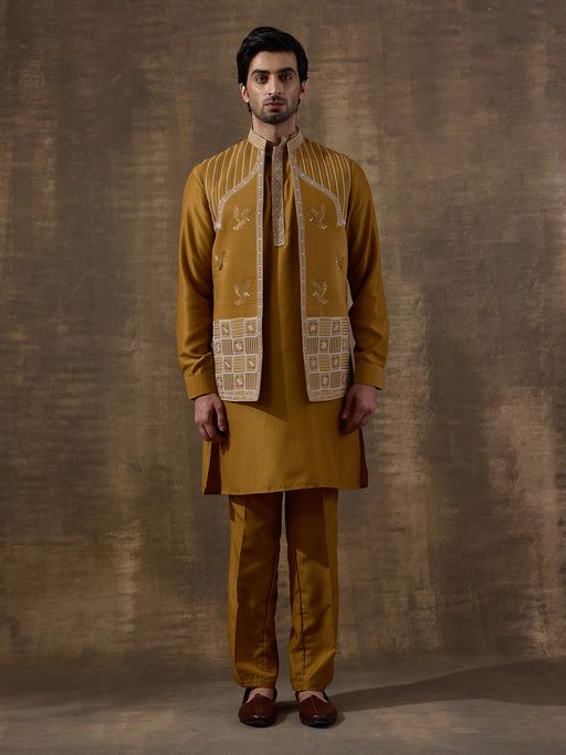 SATWAA Deep Mustard Temple Embroidered Men Kurta with Pant and Nehru Jacket
