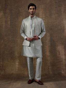 SATWAA - Pastel Green Elephant Motifs Embroidered Men Kurta with Pant and Nehru Jacket