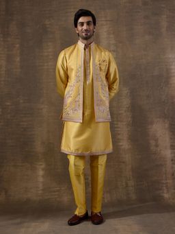 SATWAA - Sunshine Yellow Elephant Motifs Embroidered Kurta with Pant and Nehru Jacket