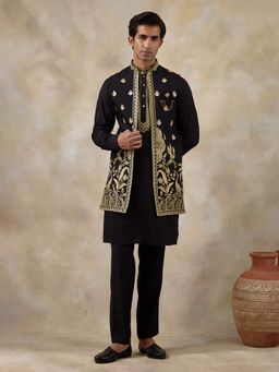 SATWAA - Royal Black Aari Embroidered Men Kurta with Pant and Nehru Jacket