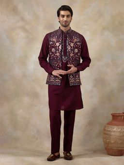 SATWAA - Deep Wine Floral Embroidered Men Kurta with Pant and Nehru Jacket