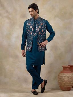 SATWAA - Azure Turquoise Floral Embroidered Men Kurta with Pant and Nehru Jacket
