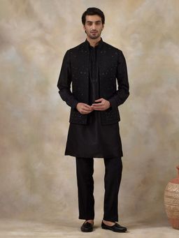 SATWAA - Midnight Black Sequinned Men Kurta with Pant and Nehru Jacket