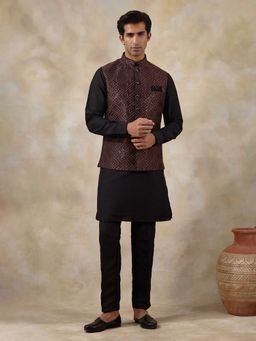 SATWAA - Black and Rust Geometric Embroidered Men Kurta with Pant and Nehru Jacket
