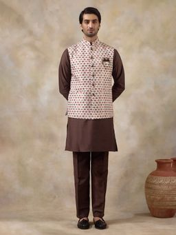 SATWAA - Brown Multicolour Printed Men Kurta with Pant and Nehru Jacket