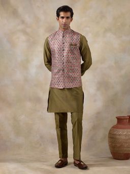 SATWAA - Olive Multicolour Printed Men Kurta with Pant and Nehru Jacket
