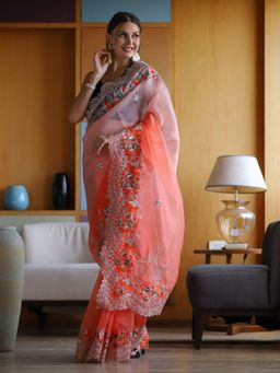 Odette - Orange Organza Embroidered Saree with Unstitched Blouse