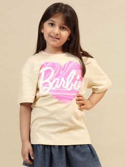 Kidsville - Official Barbie Graphic Printed Beige Oversized Fit Tshirt For Girls