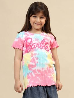 Kidsville - Official Barbie Embellished Printed Multicoloured Regular Fit Tshirt For Girls