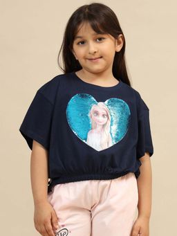 Kidsville - Official Frozen Graphic Printed Navy Blue Relaxed Fit Crop Tshirt For Girls