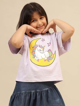 Kidsville - Kidsville Graphic Printed Purple Relaxed Fit Crop Tshirt For Girls