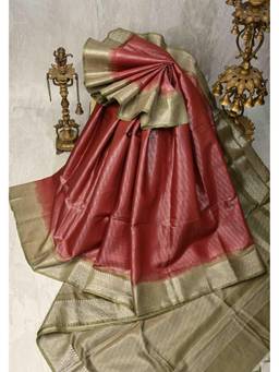 Isadora Life - Red Semi Tessar Tissue Contrast Saree with Unstitched Blouse