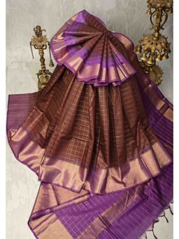 Isadora Life - Brown Semi Tessar Zari Checks Saree with Unstitched Blouse