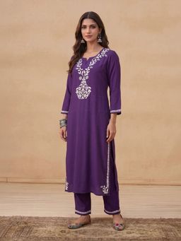House of Chikankari - HOC Karima Rayon Chikankari Purple Kurta with Pant