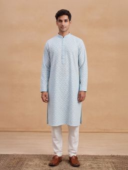 House of Chikankari - Hoc Men Aqua Rayon Embroidered Kurta