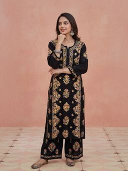 House of Chikankari - HOC Women Black Rayon Chikankari Kurta and Pant Set