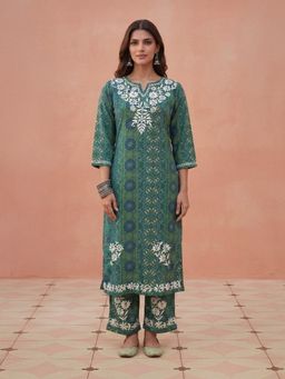 House of Chikankari - HOC Crepe Chikankari Teal Kurta and Pant Set