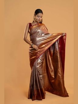 Isadora Life - Copper Banarasi Brocade with Maroon Border Saree with Unstitched Blouse
