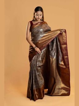 Isadora Life - Antique Gold Banarasi Brocade Silk Saree with Unstitched Blouse